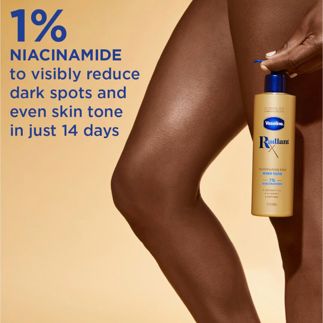Vaseline Radiant X next to common 11 oz size object showing scale and easy storage benefit
