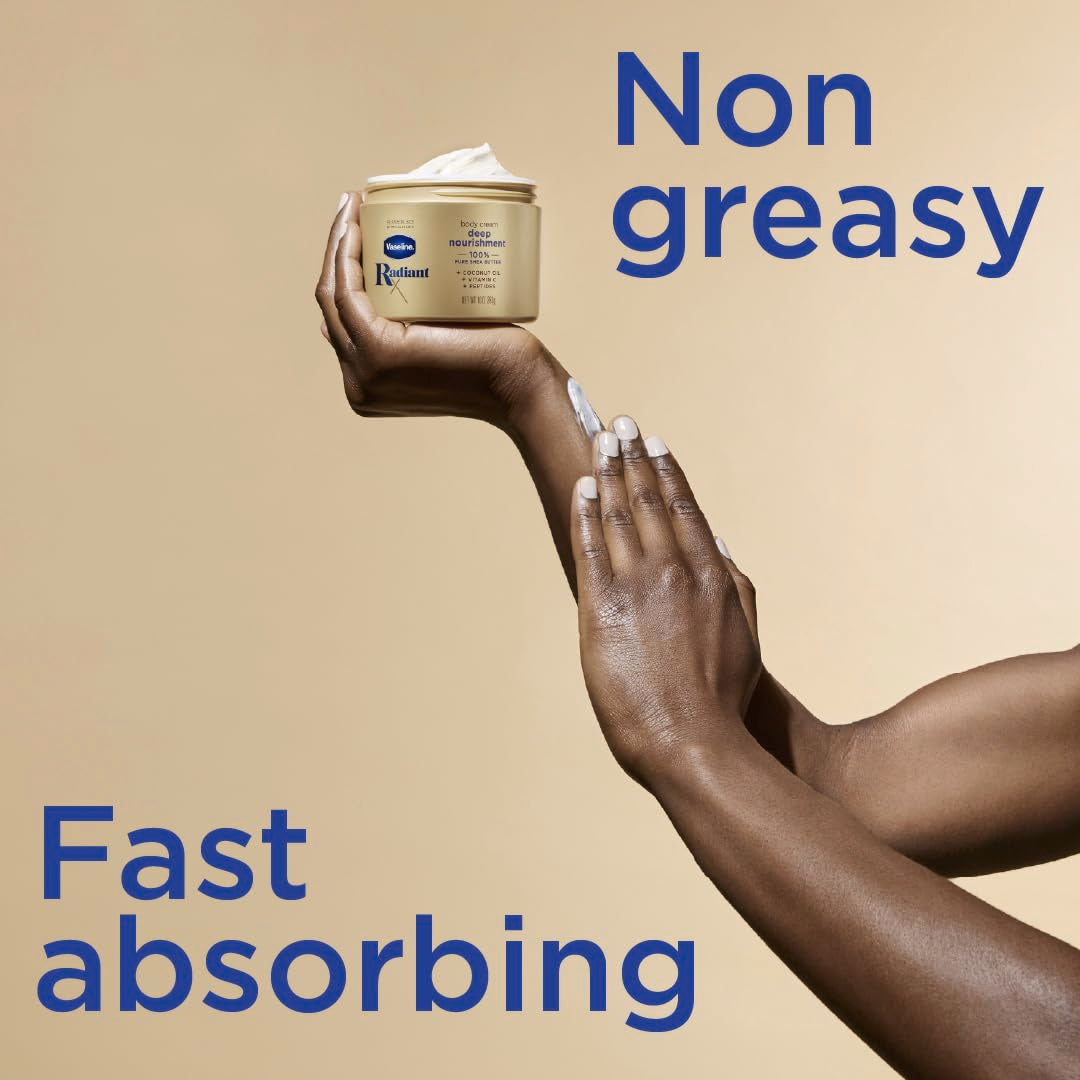 Applying Vaseline cream to arm, demonstrating quick absorption and softness