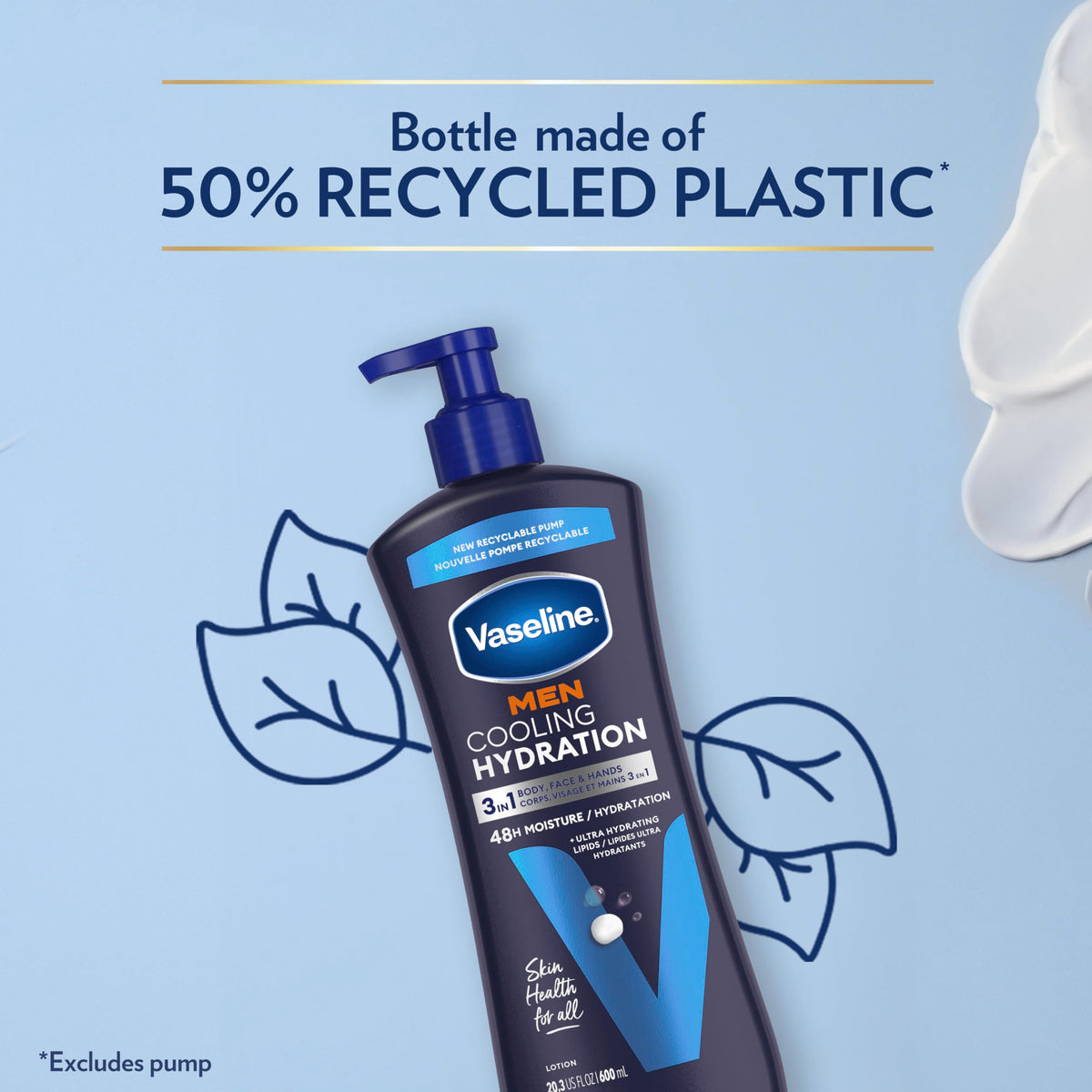 Label closeup showing 50% recycled plastic on Vaseline bottle promoting eco benefit