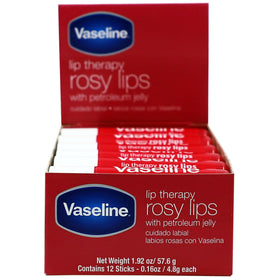 Vaseline Lip Rosy front pack showing 12 sticks and rosy tint benefit
