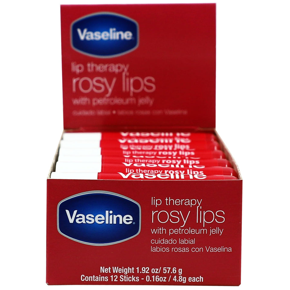 Vaseline Lip Rosy front pack showing 12 sticks and rosy tint benefit