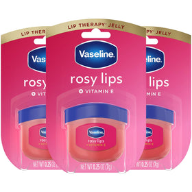 Vaseline front packaging showing three rosy lip therapy jars for easy carrying