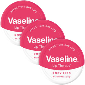 Vaseline Rosy Lips front packaging showing three tins and brand visibility for easy identification
