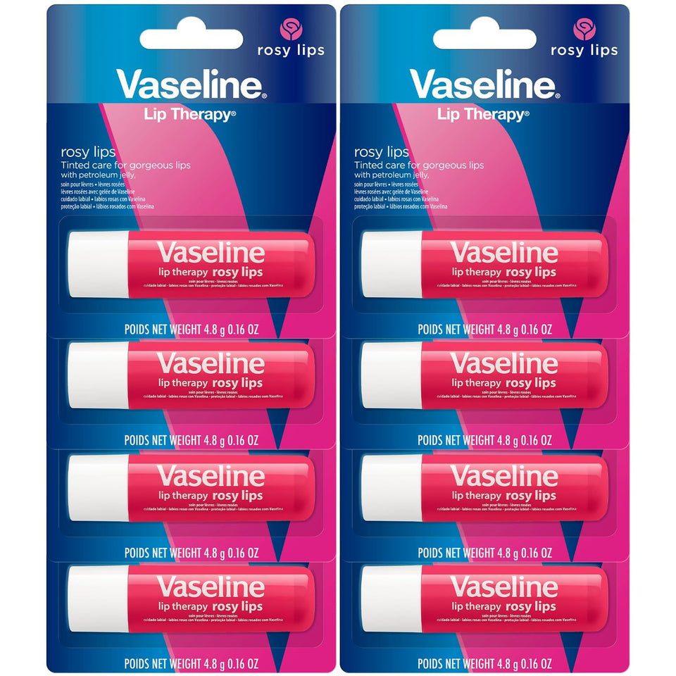 Vaseline rosy lips front packaging showing eight tinted lip balm sticks for easy access