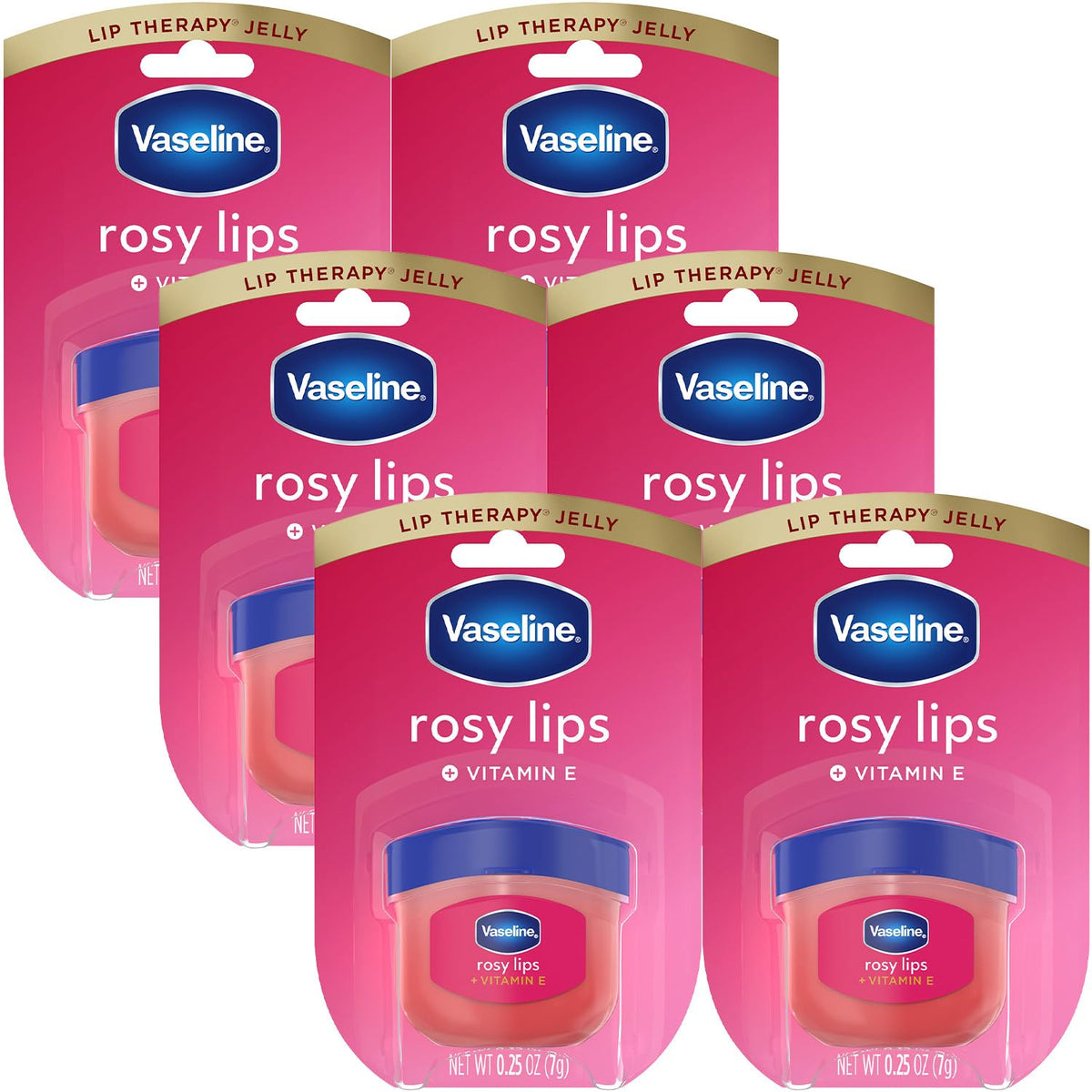 Vaseline rosy lips front packaging showing six mini jars and branding benefit hydration