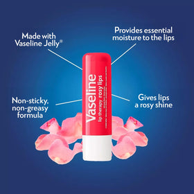Vaseline rosy lips stick in hand demonstrating compact size and travel-friendly benefit
