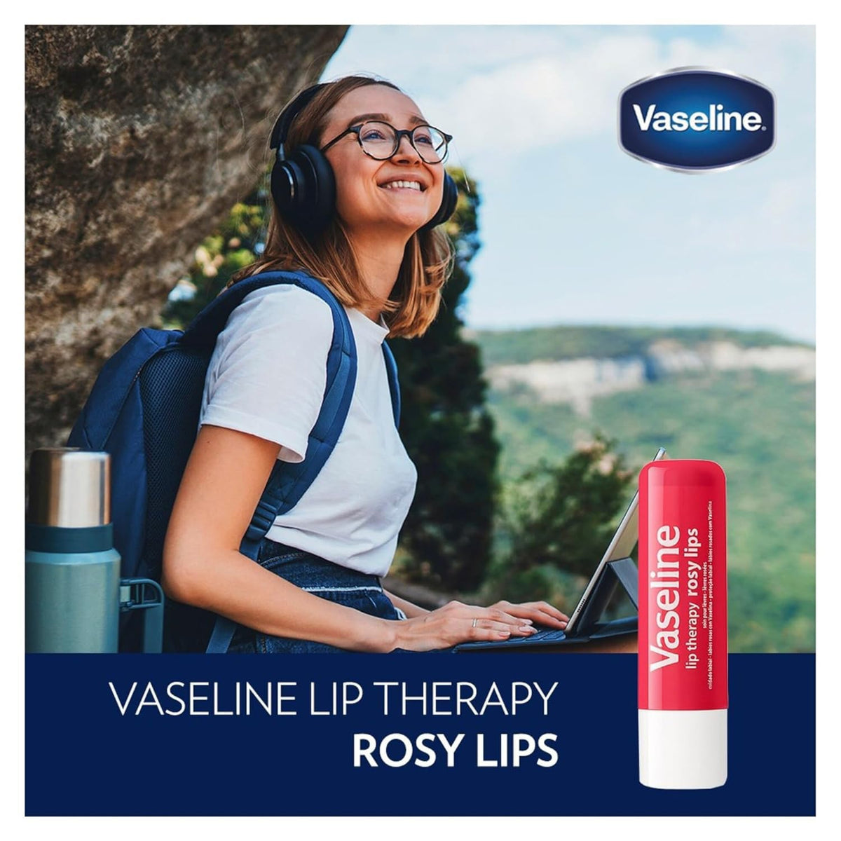 Open cap detail of Vaseline rosy lips showing protective tube design for hygienic storage