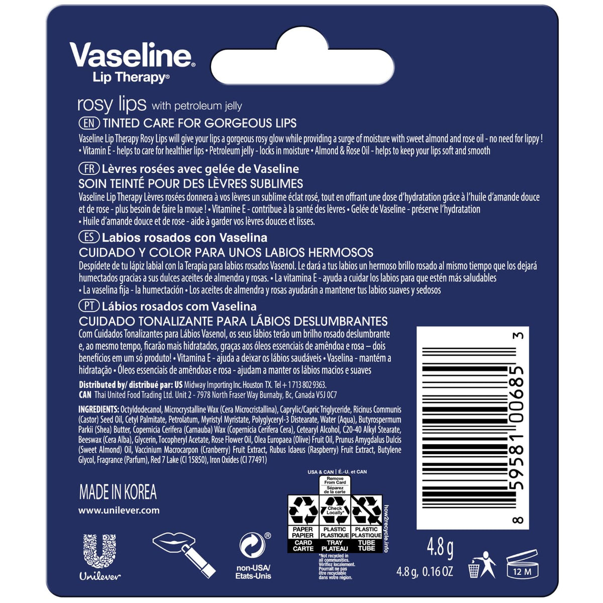 Vaseline rosy lips stick extended to show smooth balm and quick application benefit