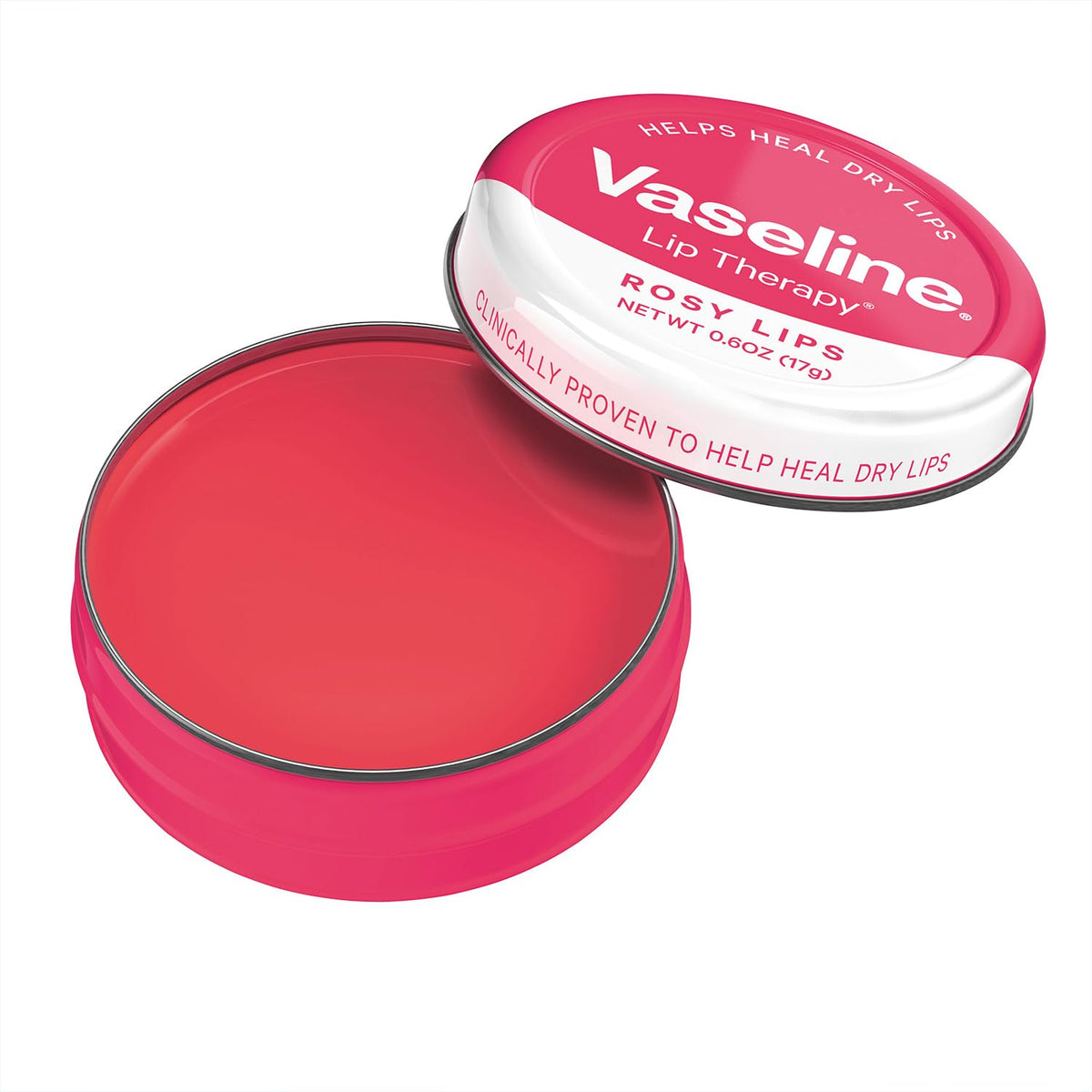 Vaseline Rosy Lips tin beside keys to show compact size and portability benefit