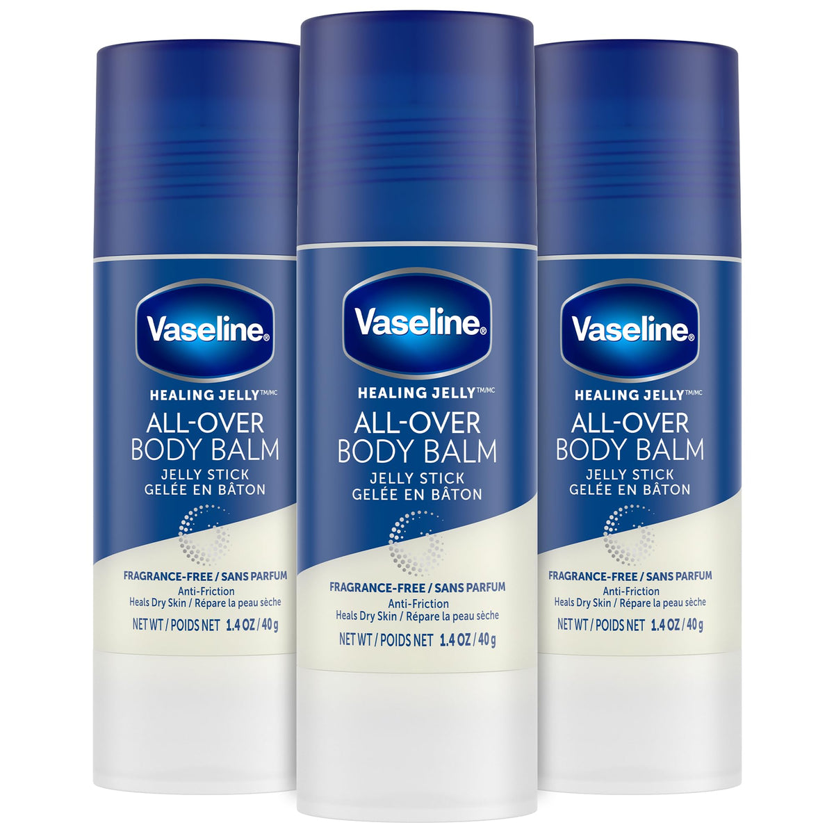 Vaseline stick front packaging showing compact three-pack and labels, great for travel