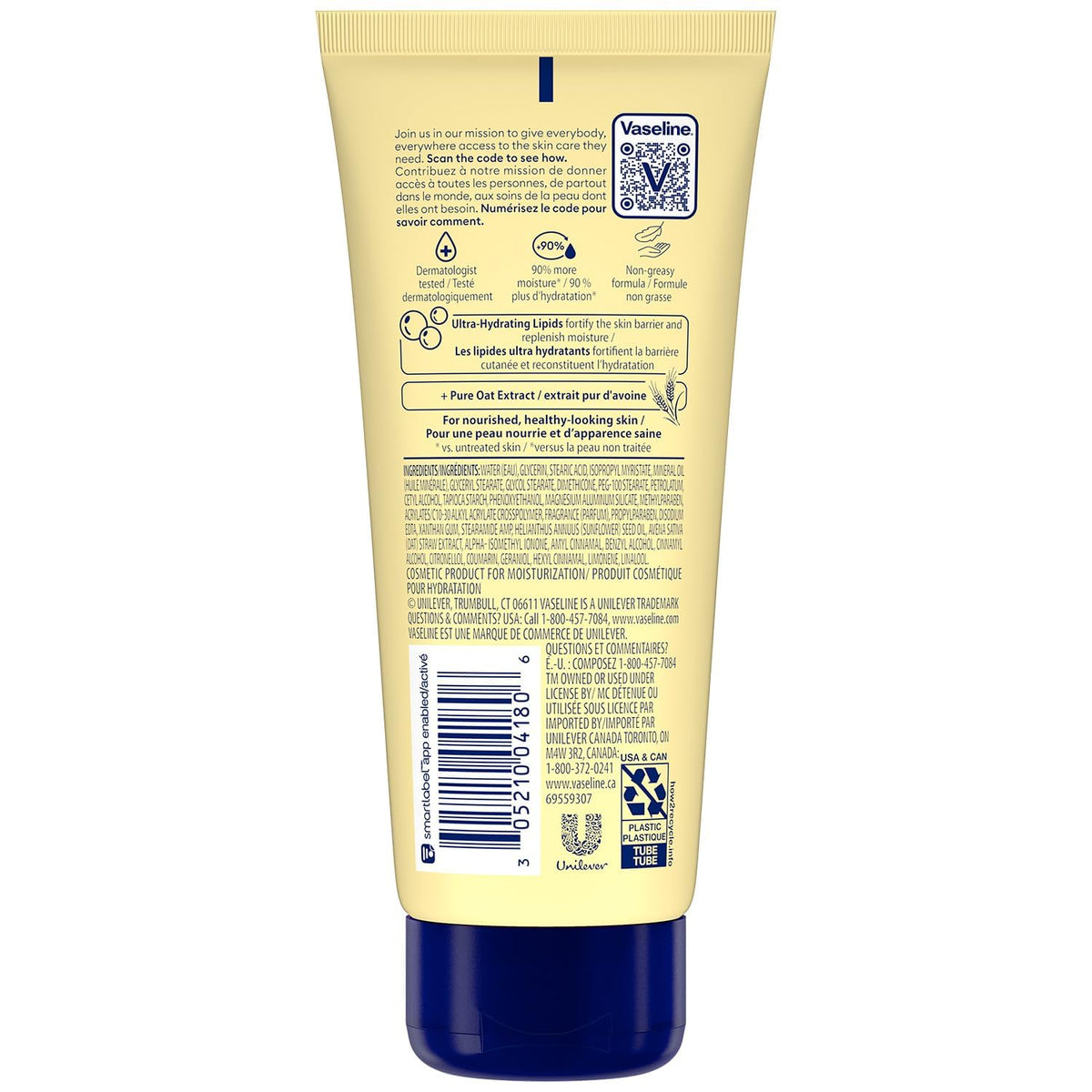 Vaseline tube close-up label highlighting oat extract and lipid benefits