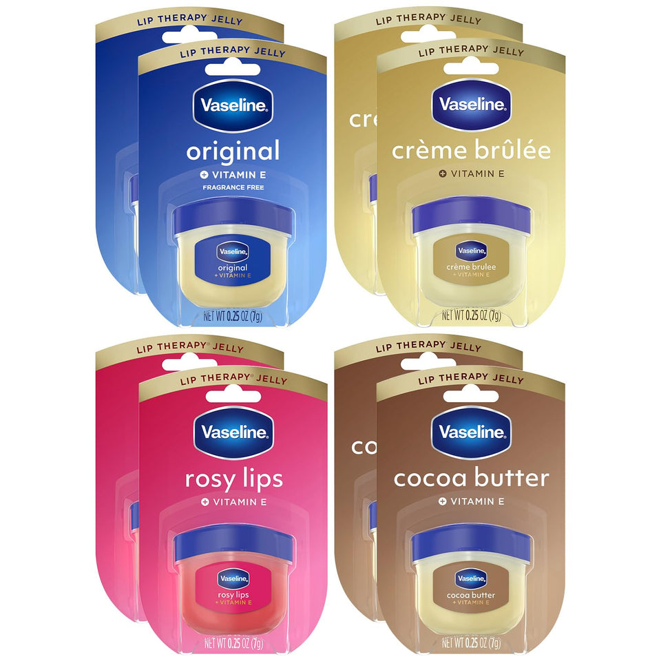 Vaseline variety front packaging showing all eight mini jars and benefits