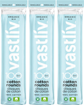 Vastliv front packaging showing 300 organic cotton rounds and product benefits