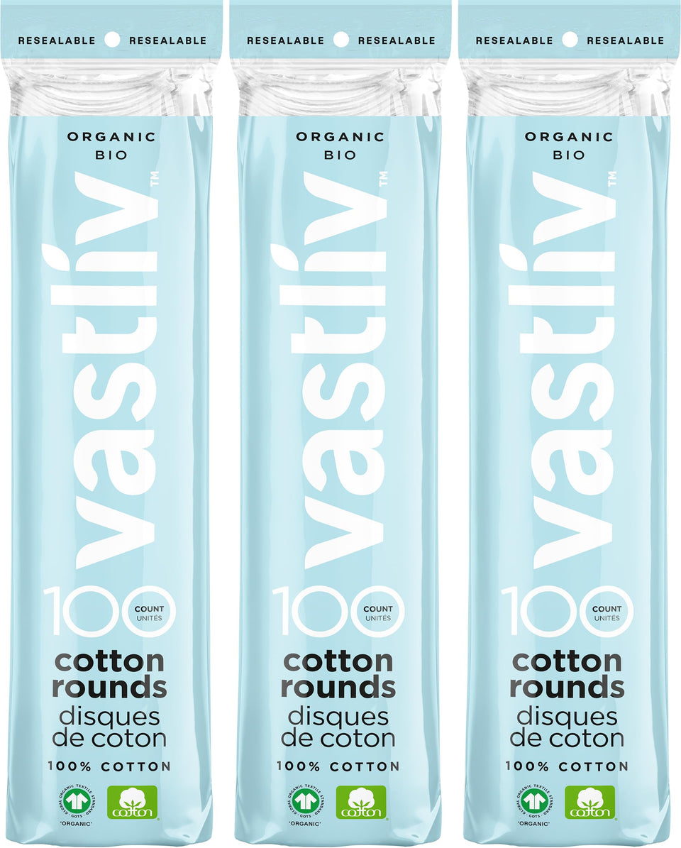 Vastliv front packaging showing 300 organic cotton rounds and product benefits