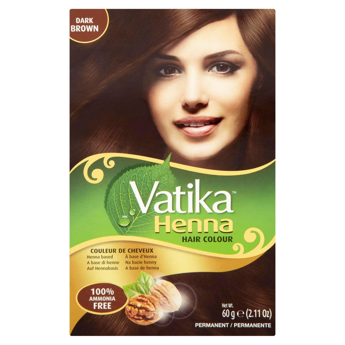 Vatika Naturals front packaging showing sachets and dark brown shade, nourishing result
