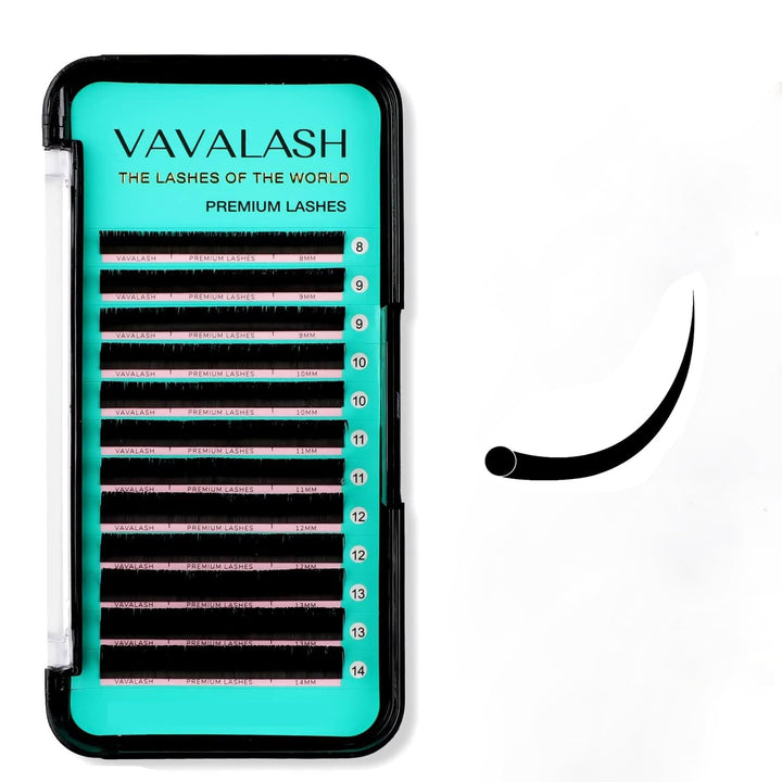 VAVALASH front tray packaging showing mixed 8–14mm lengths and curl variety for choice