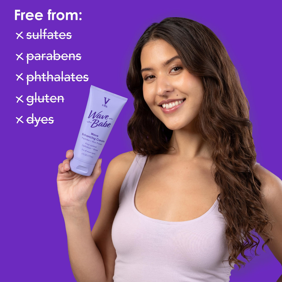 V&CO applied to damp waves during styling, demonstrates defined, frizz-reduced result