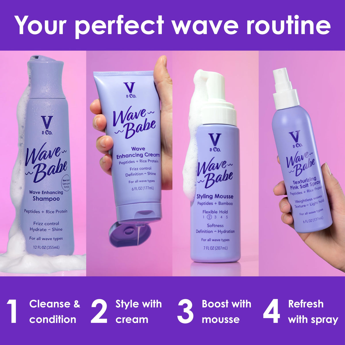 V&CO Wave Babe ingredients label with bamboo and peptides for stronger hair