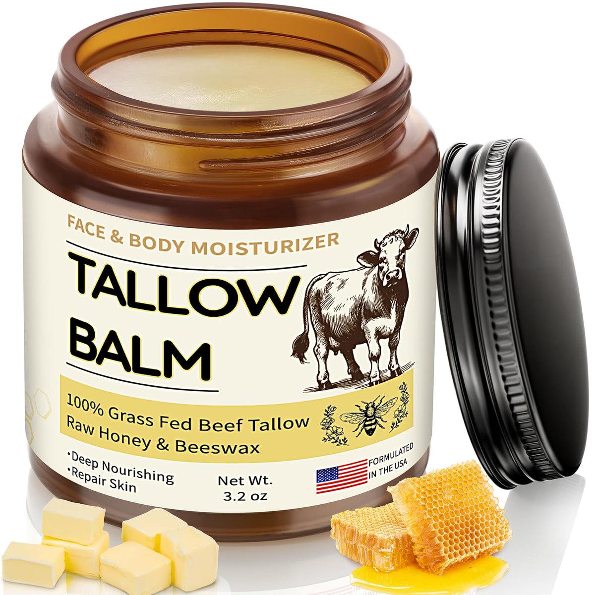 Veakoo front jar of beef tallow balm showing clean packaging and nourishing benefits