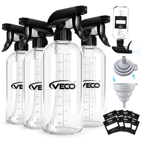 Veco front view of four-pack bottles showing measurements and labels for versatile use