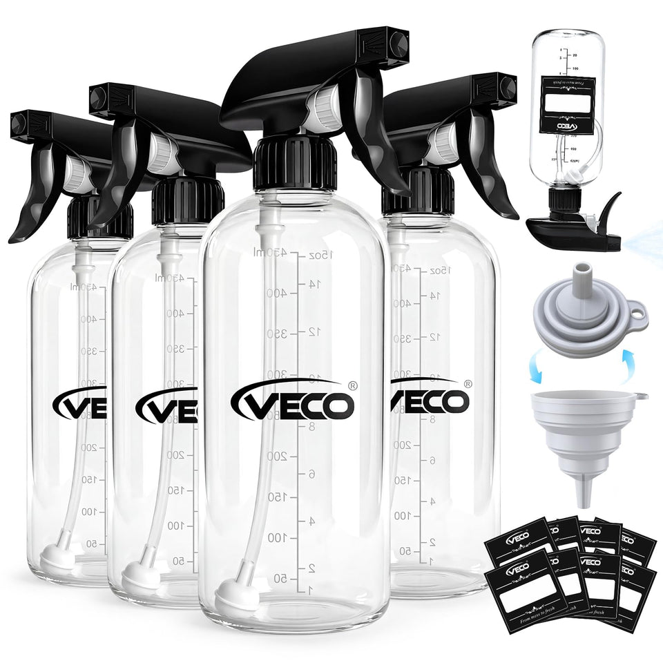 Veco front view of four-pack bottles showing measurements and labels for versatile use