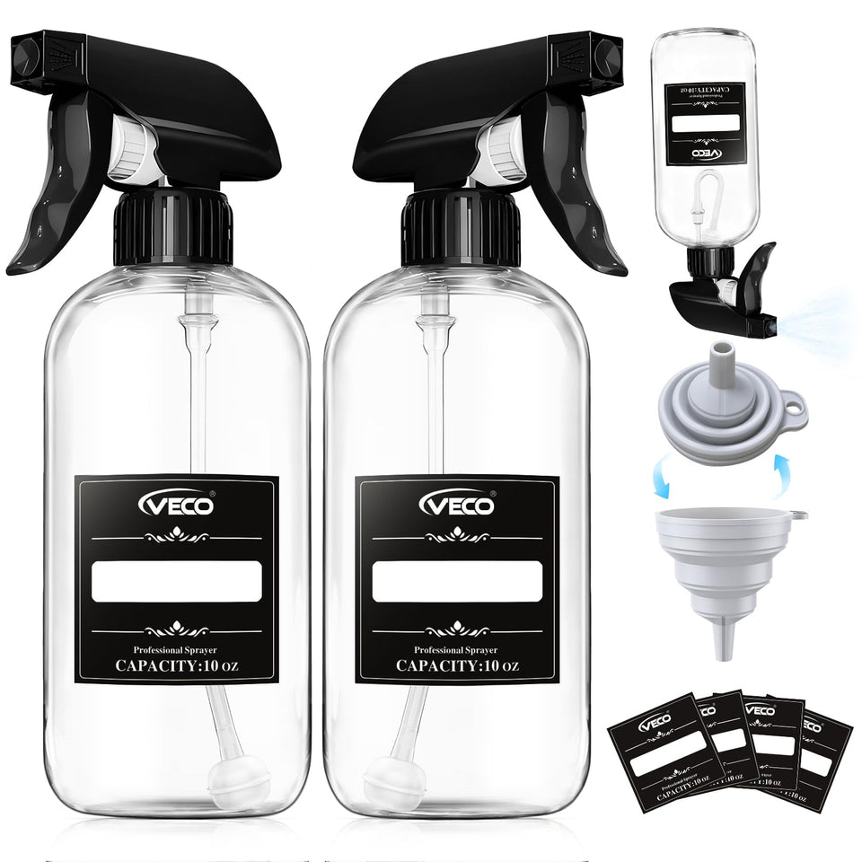 Veco front view of two 10oz spray bottles showing compact pack benefit