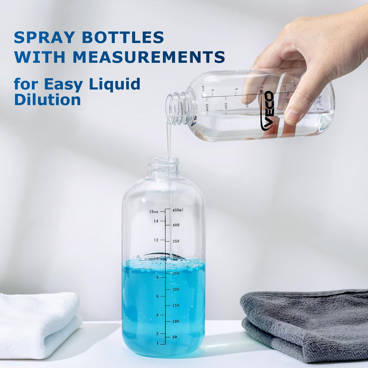 Veco close-up of clear graduated markings for precise dilution and mixing benefit