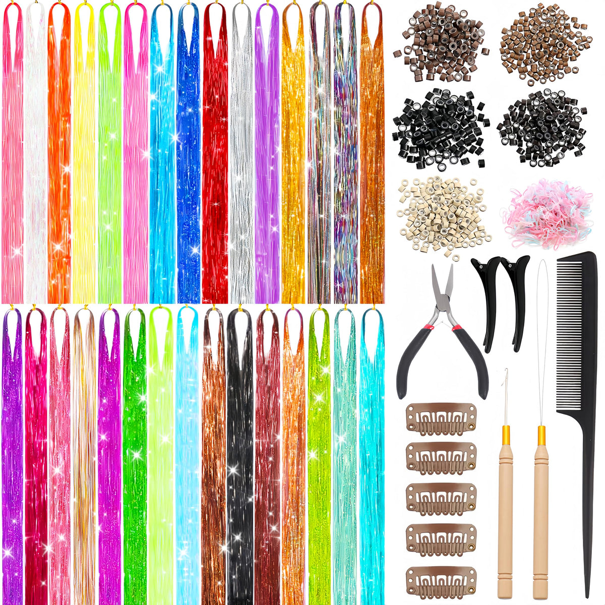 VEEFUN front packaging showing complete hair tinsel kit and included tools for easy styling