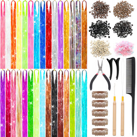 VEEFUN front packaging showing complete hair tinsel kit and included tools for easy styling