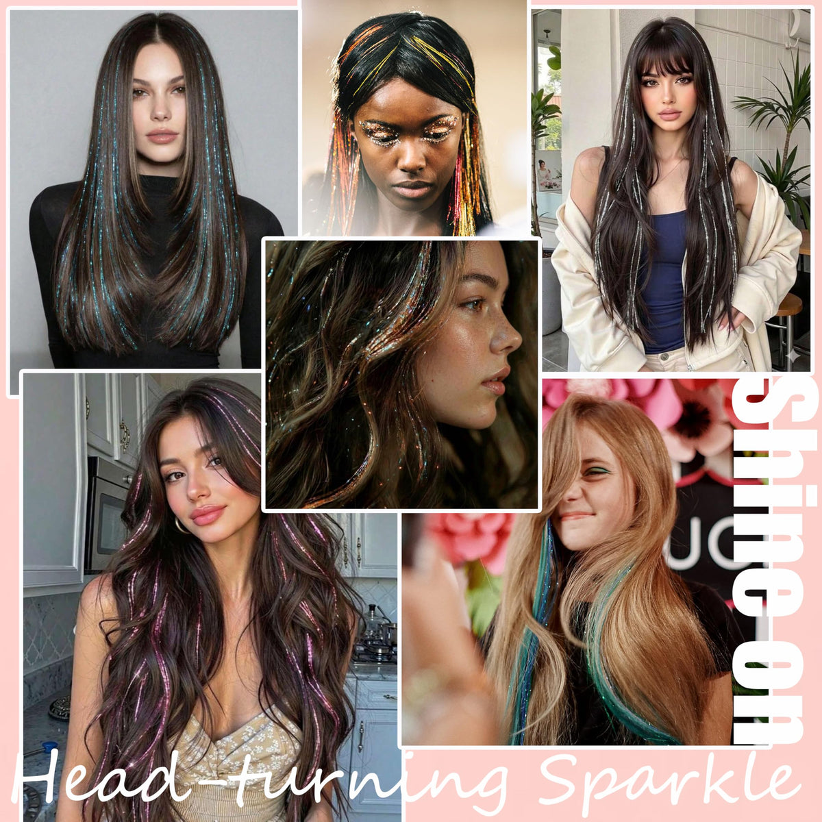 VEEFUN tinsel woven into hair at a party showing instant shimmer and festive appeal