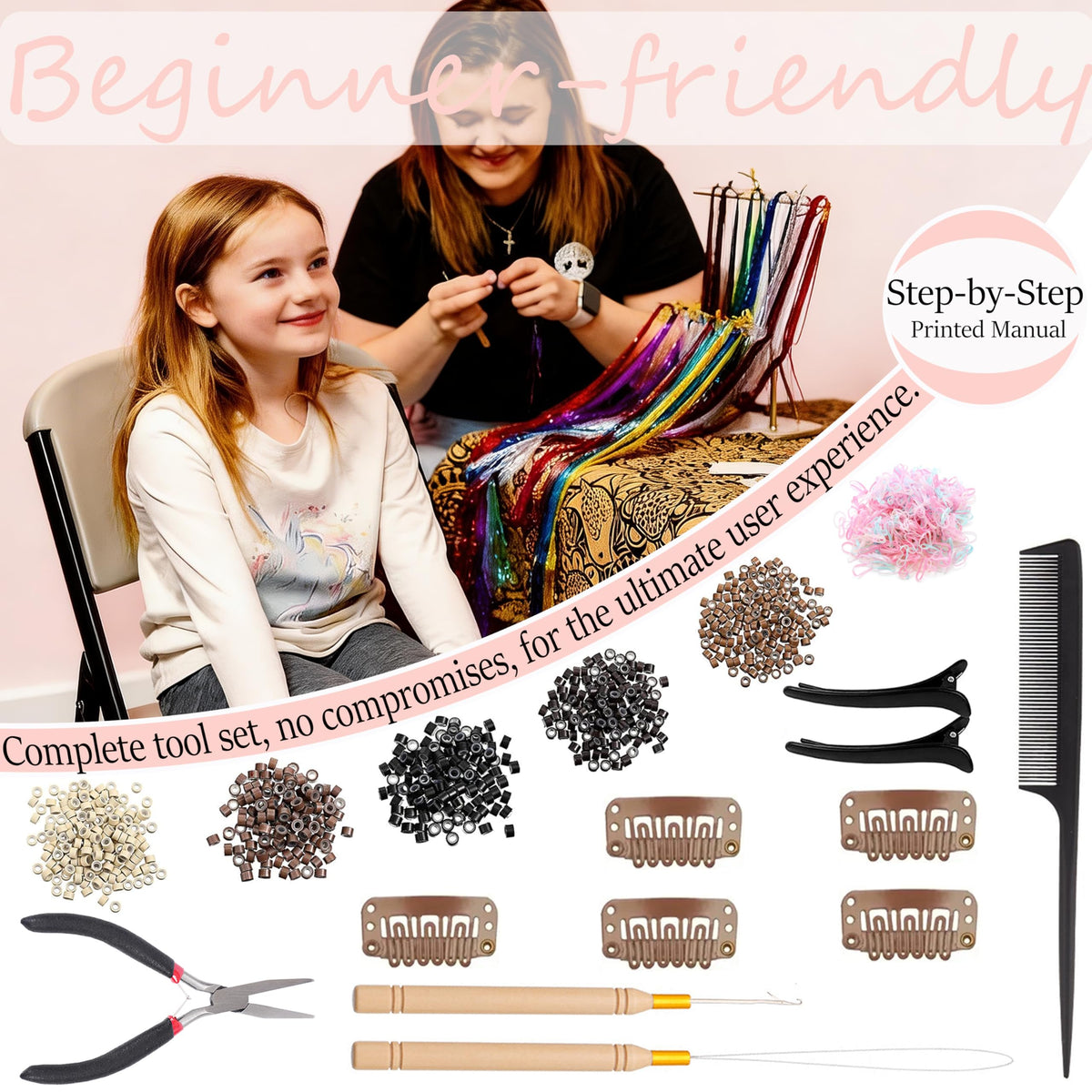 VEEFUN tools and accessories laid out showing rings, crochet hook and threader for simple application