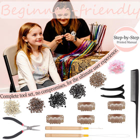 VEEFUN tools and accessories laid out showing rings, crochet hook and threader for simple application