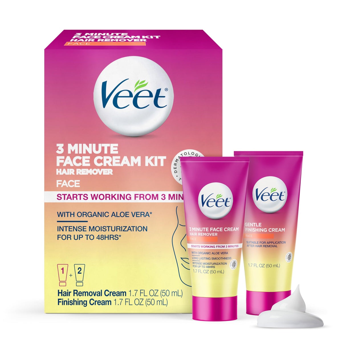 Veet front packaging showing complete 3 Minute Face Cream Kit and benefits