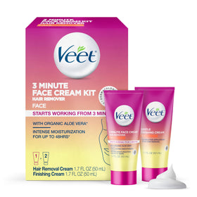 Veet front packaging showing complete 3 Minute Face Cream Kit and benefits
