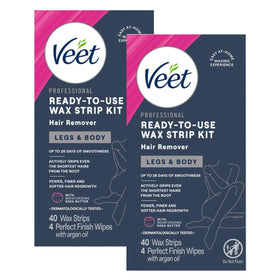 Veet front packaging showing 40 ready-to-use strips for legs and body benefit convenience