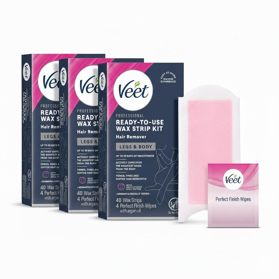 Veet front packaging showing wax strips and kit contents for easy selection