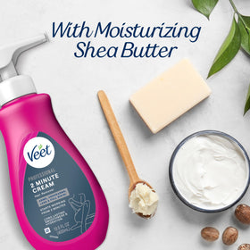 Shea butter ingredient visual next to Veet bottle emphasizing moisturizing benefit