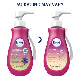 Veet bottle beside hand for size comparison and clear product volume