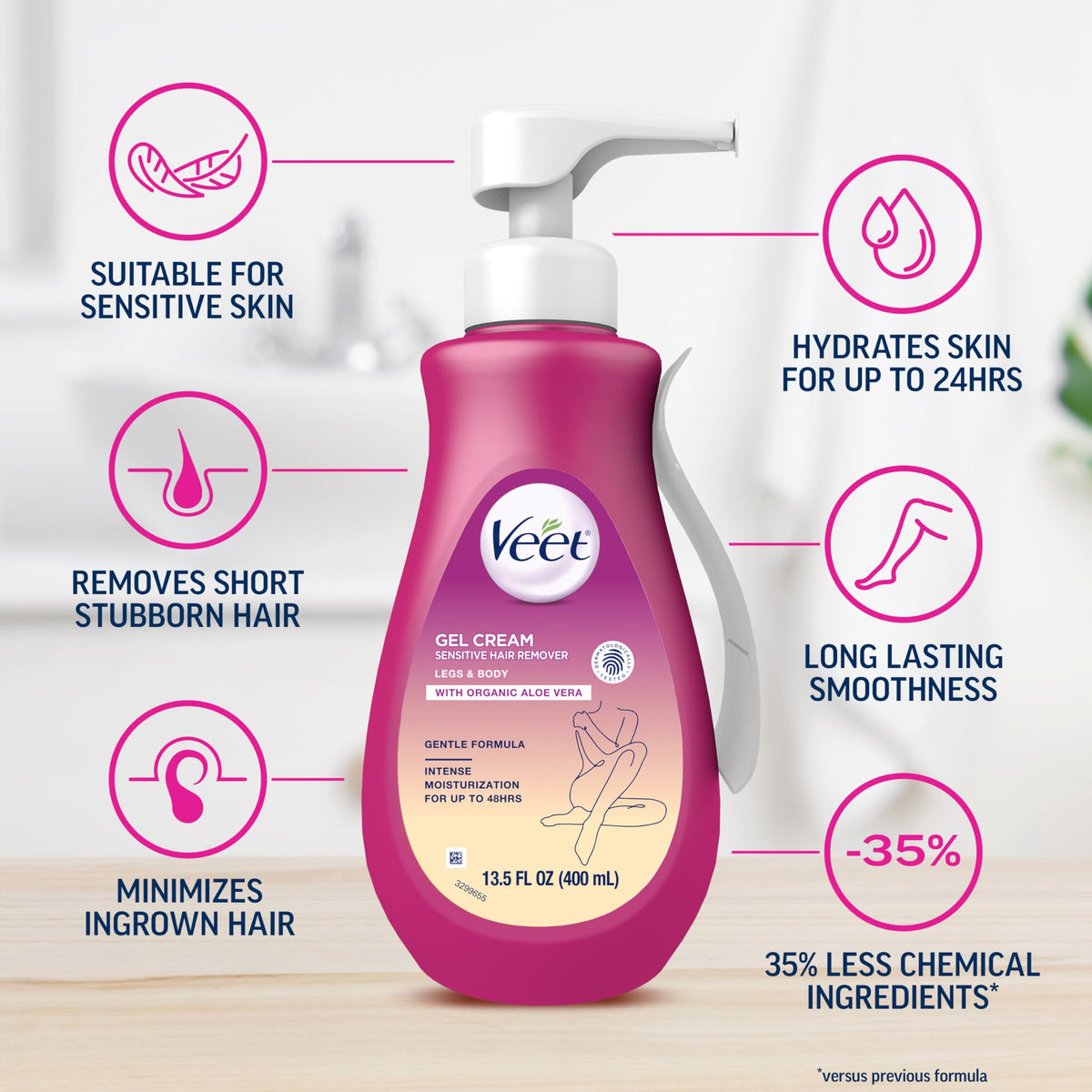 Veet pump and spatula in hand for controlled application and minimal mess