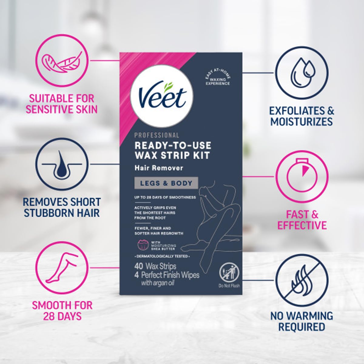 Veet strip being pulled from a leg demonstrating effective root removal and longer smoothness