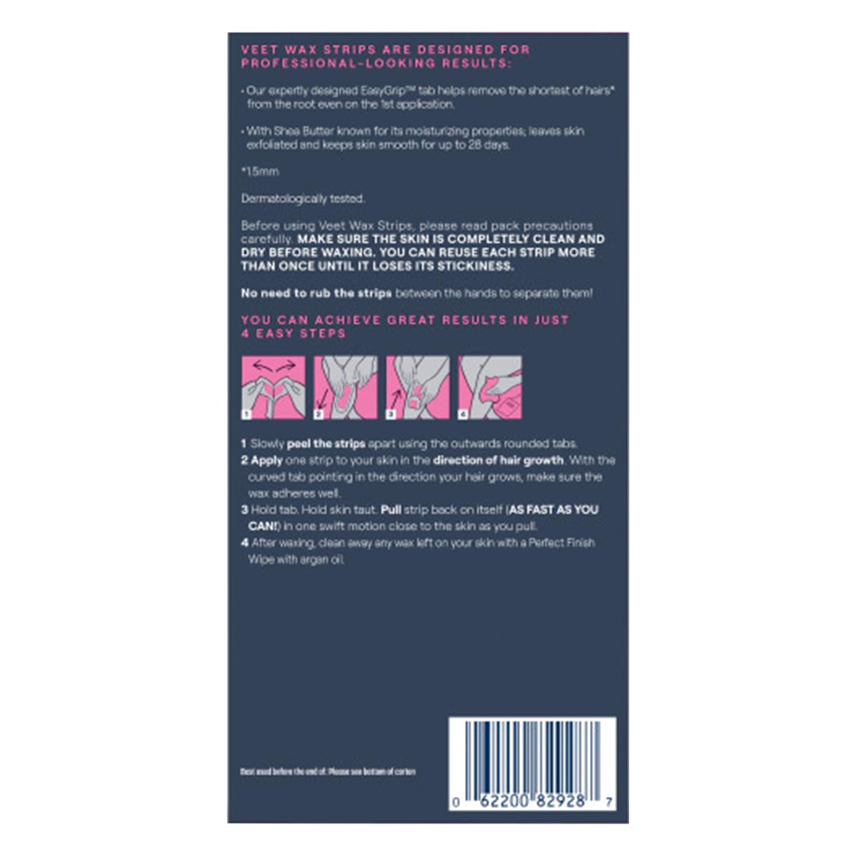 Close-up of Veet wax strip texture showing smooth-coating that grips short hairs effectively