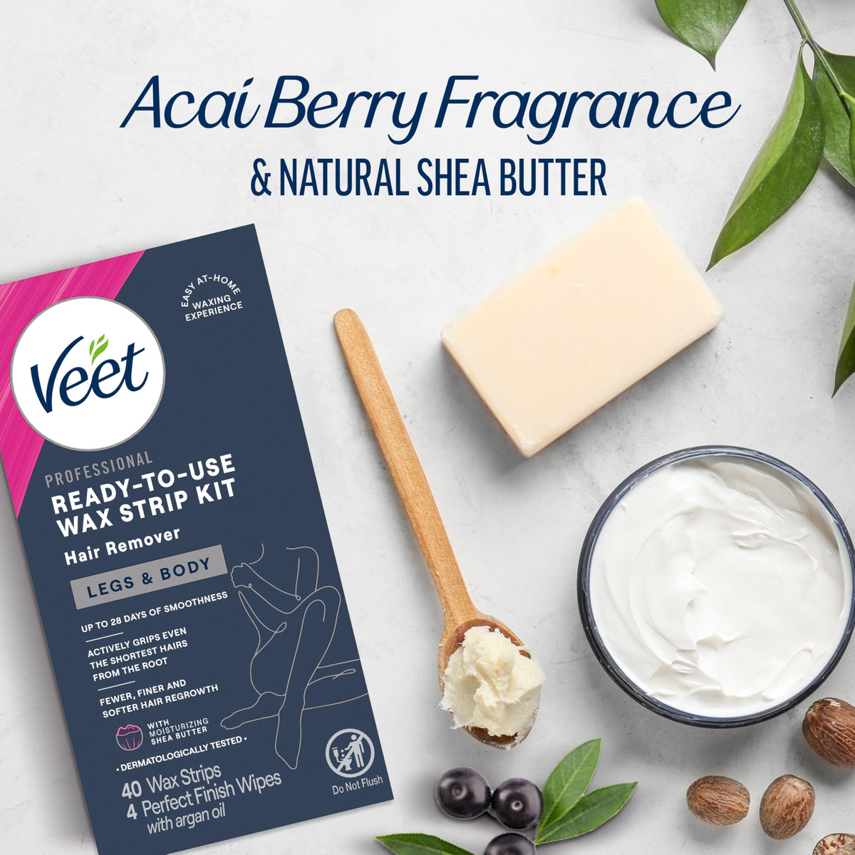 Applying a Veet wax strip to leg showing simple at-home application