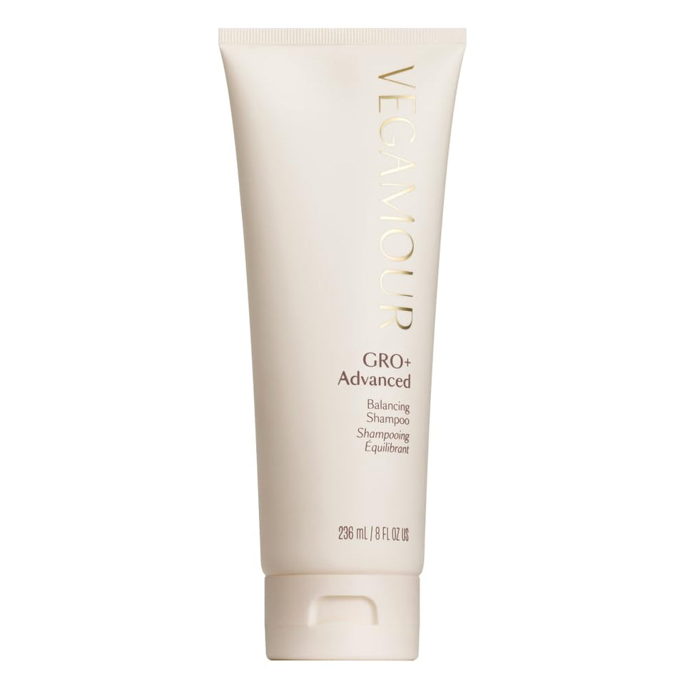 VEGAMOUR front bottle showing GRO+ balancing shampoo benefit of gentle cleansing