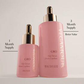 VEGAMOUR GRO dropper with serum texture highlighting lightweight, non-greasy feel