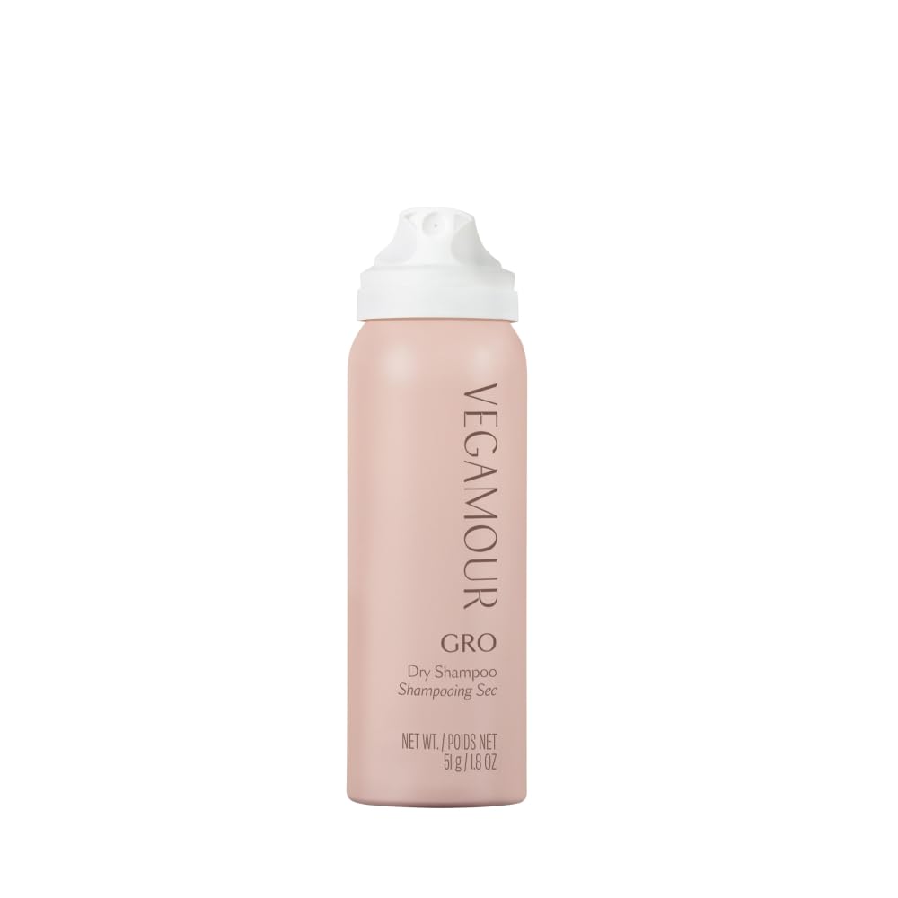 VEGAMOUR GRO dry shampoo front packaging, convenient travel refresh benefit