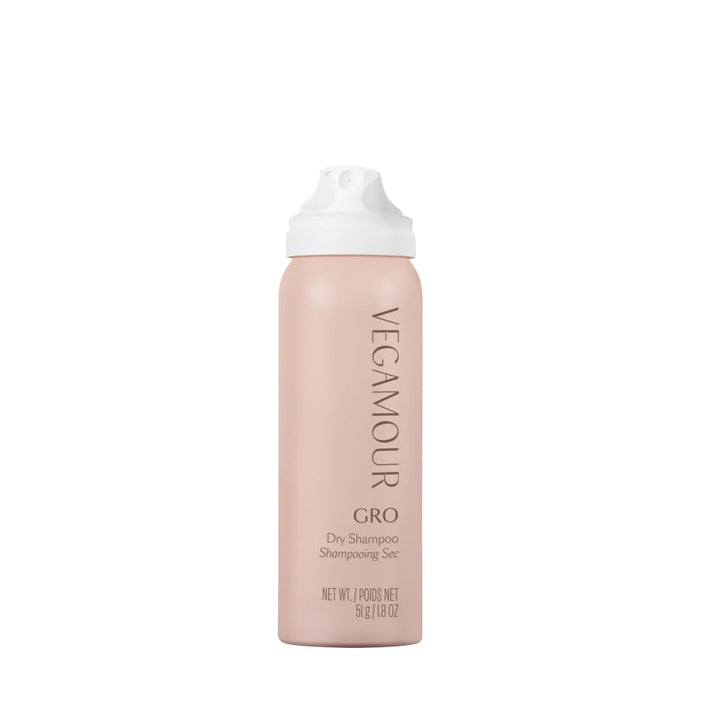 VEGAMOUR GRO dry shampoo front packaging, convenient travel refresh benefit