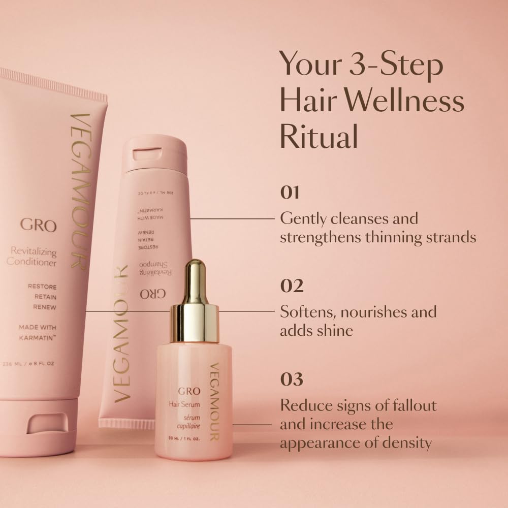 VEGAMOUR shampoo staged in bathroom lifestyle setting showing daily routine benefit