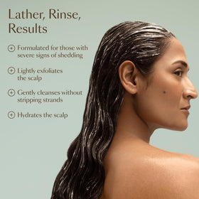 VEGAMOUR application on scalp showing easy massage and buildup removal