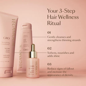 VEGAMOUR product label close-up listing vegan, cruelty-free and color-safe claims