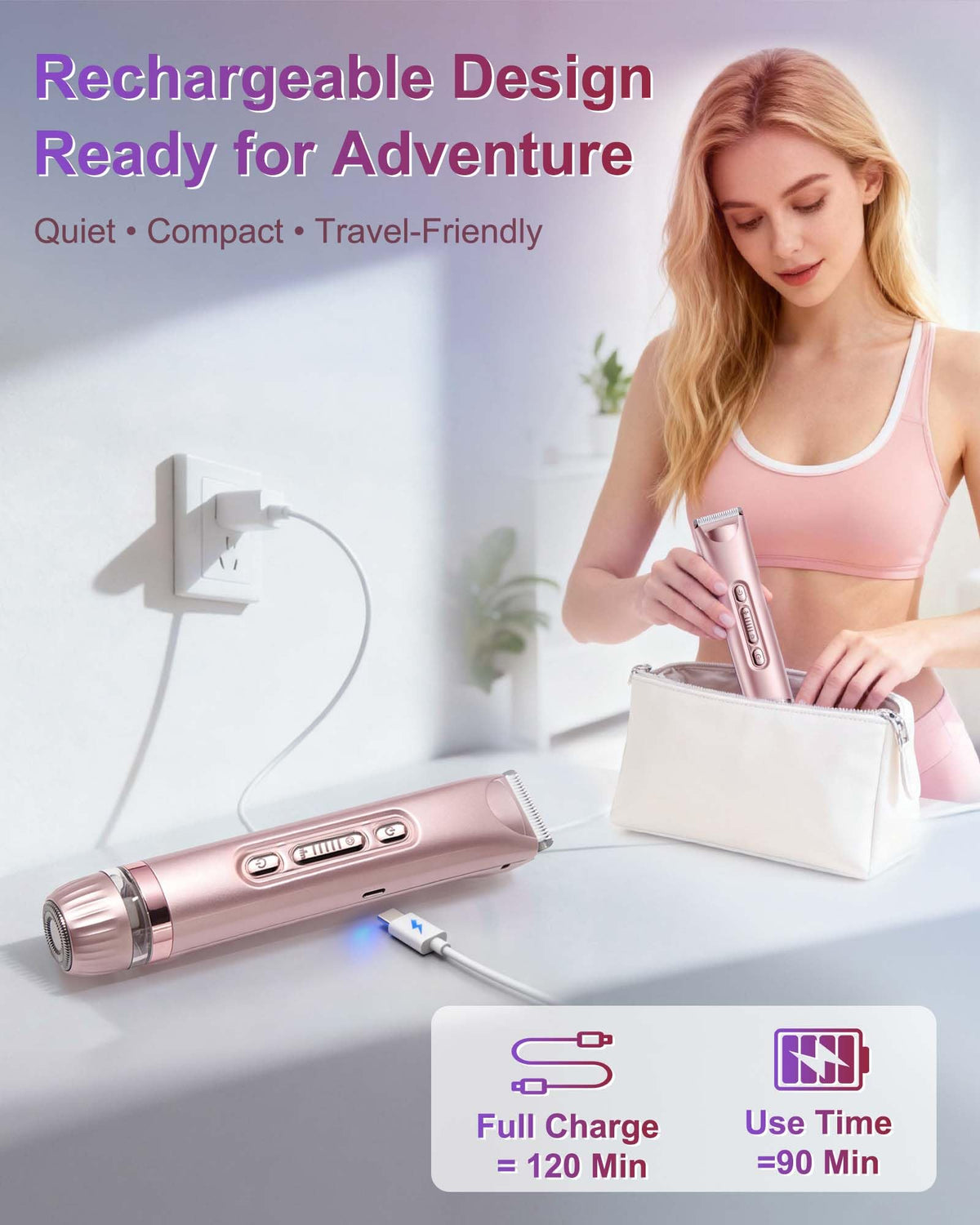 VEGITERIA trimmer held in hand showing scale and travel-ready portability